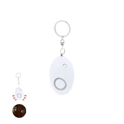 A white keychain device with a button and a round section, featuring a small logo.
