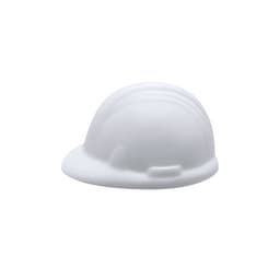 A white stress ball shaped like a hard hat, featuring rounded edges and a smooth surface.