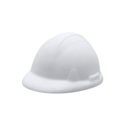 A white stress ball shaped like a hard hat. The item features a smooth finish and has a branding logo.