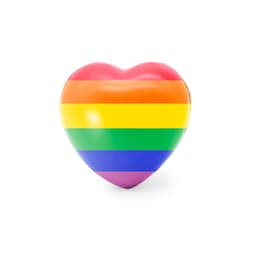 A heart-shaped stress toy in vibrant rainbow colours, featuring horizontal stripes. It has a shiny finish and a logo.