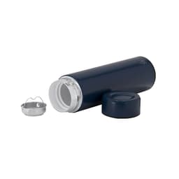 A drink bottle with a navy blue exterior, featuring a screw-on cap and a removable lid. It has a logo on the side.