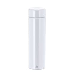 A drink bottle in sleek white, featuring a stainless steel body and a screw-top lid. It includes a branding logo.