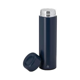 A drink bottle featuring a navy blue exterior with a silver lid, designed as a vacuum flask. It includes a logo.