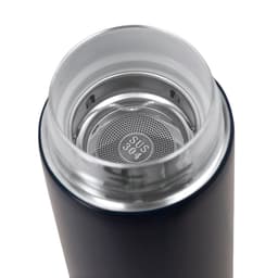 A drink bottle with a stainless steel interior and a dark navy exterior, featuring a lid with a mesh filter.