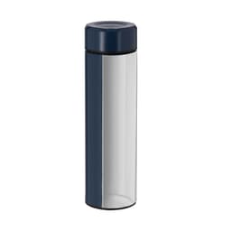 A drink bottle in navy blue with a clear body and a matching lid, featuring a logo on the side.