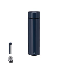 A drink bottle in navy blue, featuring a sleek design with a silver interior and a logo on it.