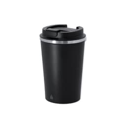 A travel mug in black with a stainless steel trim and a black lid, featuring a logo.