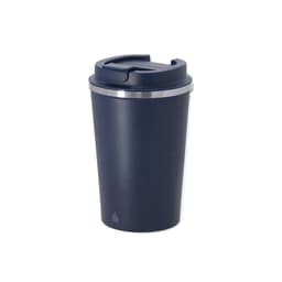 A drink bottle in navy with a stainless steel rim and a lid, featuring a logo on the side.