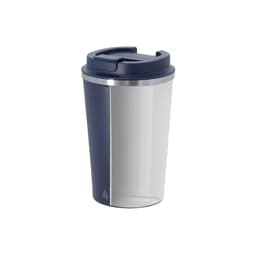 A drink bottle in navy and stainless steel, featuring a secure lid and a sleek design. It has a logo on the surface.