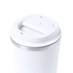 A drink bottle with a white exterior, a silver rim, and a lid featuring a slot for drinking and a closure mechanism.