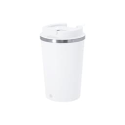 A drink bottle featuring a sleek white design with a metallic rim and a secure lid. It also has a logo.