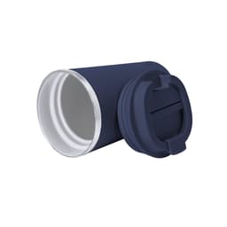 A navy insulated travel mug with a silver inner and a removable lid featuring a drinking opening.