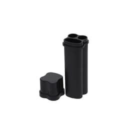 A black container with three compartments and a separate lid, designed for holding items.