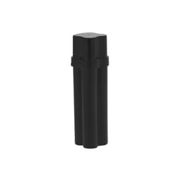 A black, cylindrical drink bottle with a unique, segmented design and a small cap. Features a logo.