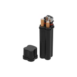 A black multi-purpose lighter case with two cigarette compartments and a removable cap.
