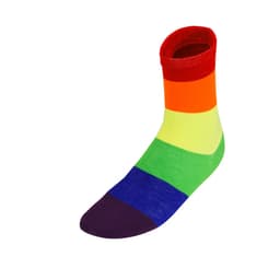 A vibrant, multi-coloured sock featuring bands of red, orange, yellow, green, blue, and purple. It has a ribbed red cuff and a logo.