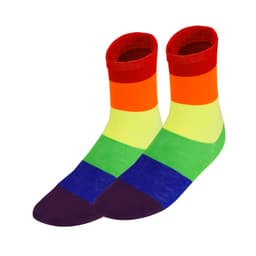 A pair of brightly coloured socks featuring horizontal stripes in red, orange, yellow, green, blue, and purple.