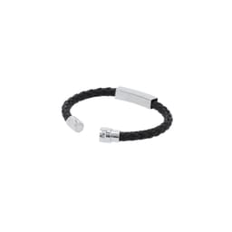 A black braided bracelet with silver accents and a clasp. It features a sleek, minimalist design.