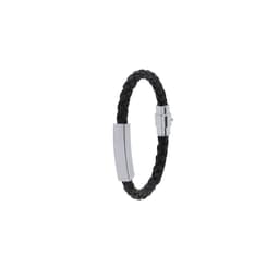 A braided black leather bracelet with a silver clasp and an engraved metal plate.