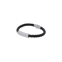 A black braided leather bracelet with a polished silver clasp and an engraved metal plate.