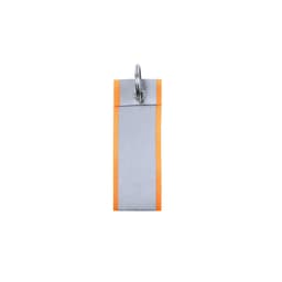 A grey keyring with an orange trim, featuring a metal ring at the top for attachment.