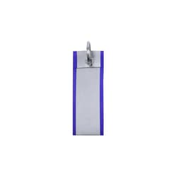 A silver keyring with blue accents, featuring a metal loop for attachment.