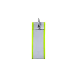 A keyring featuring a silver body with bright green accents and a metal ring for attachment.