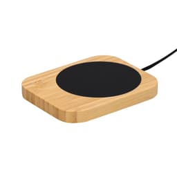 A wood and black wireless charger with a square bamboo base and a circular charging surface.