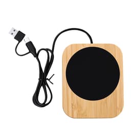 A wireless charger with a bamboo base and a black charging surface, featuring a USB-C cable.