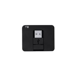 A black USB drive with a retractable connector, featuring a minimalist design and a logo on the surface.