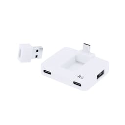A USB hub in white featuring multiple USB-C ports and an additional USB-A adapter. It includes a logo on the surface.