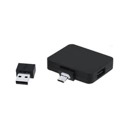 A black USB hub with an integrated USB-C port and a separate USB-A connector. Contains a branded logo.