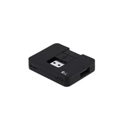 A black USB hub with multiple ports and a retractable USB connector. It features a compact design and branding.