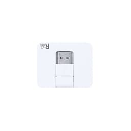 A white USB drive with a compact design, featuring a logo and a retractable USB connector.