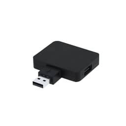 A black USB hub featuring a standard USB connector and a micro USB port. It has a sleek, rectangular design.