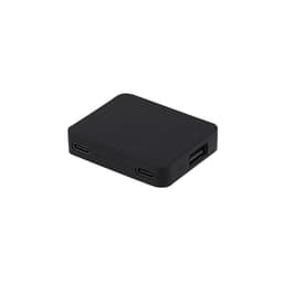 A black USB hub with multiple ports, featuring two USB-C and one standard USB port. It has a smooth, rectangular design.
