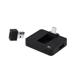 A black USB hub featuring multiple ports and an included USB connector. It has a simple, sleek design.