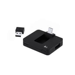 A black USB hub featuring multiple ports, including USB-C and standard USB connectors, alongside a small USB adapter.