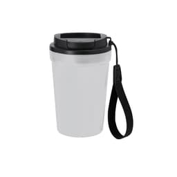 A clear plastic tumbler with a black lid and strap, featuring a logo on the side.