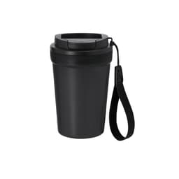 A drink bottle in black with a lid and a strap attached for easy carrying. Features a logo on the body.