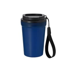 A drink bottle in navy blue with a black lid and a strap for easy carrying. Features a logo on the front.