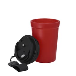 A red plastic cup with a black lid, featuring a strap. It has a simple, modern design.
