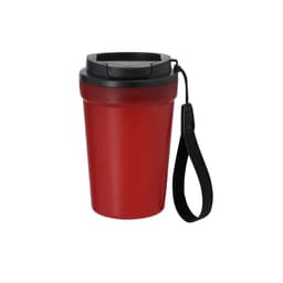 A red plastic drink tumbler with a black lid and a carrying strap. It includes a logo on the surface.