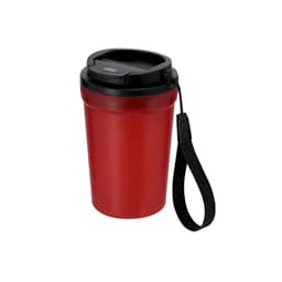 A red plastic cup with a black lid and a wrist strap, featuring a logo.