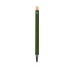 A green metal pen with a wooden top and a logo at the top. The pen has a sleek, minimalist design.