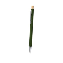 A metal pen in dark green with a wooden accent and a silver clip, featuring a logo.