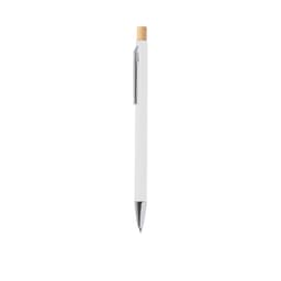 A metal pen in white with a bamboo top and silver accents, featuring a clip and a logo.