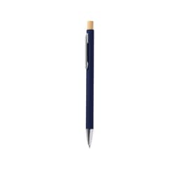 A metal pen with a navy blue body and a bamboo top, featuring a silver clip and detailing.