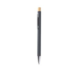 A metal pen featuring a grey body and a bamboo top, with a sleek design and a clip.