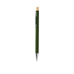 A metal pen in dark green with a bamboo top and chrome accents. Features a logo on the body.